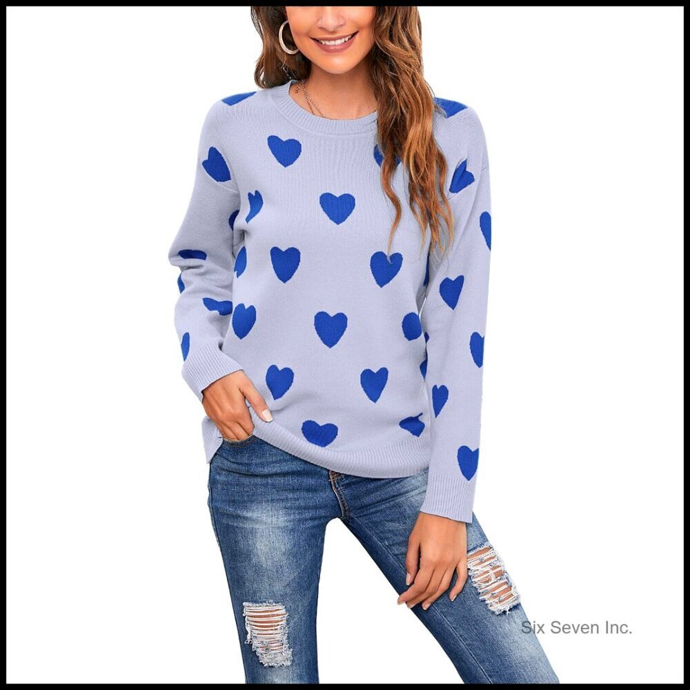 Cute Heart Knit Sweater Long Sleeve Crew Neck Loose Casual Pullover Y2K